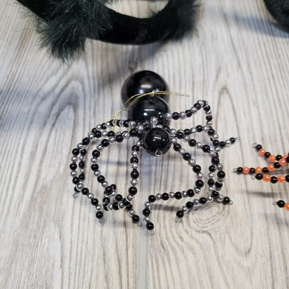 Unbranded Halloween Spider Decor Set Black Large Plush and Beaded Ornaments‎